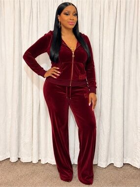 Velour Wide-Leg Pants Set - Deep Burgundy